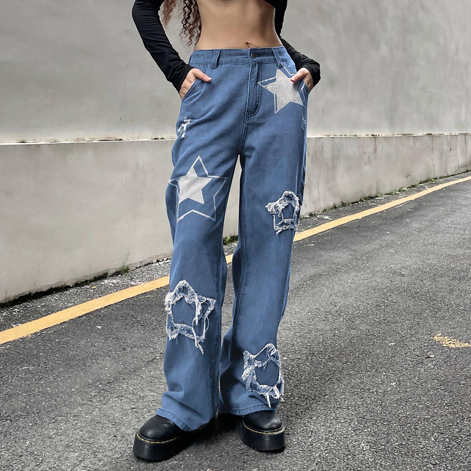 

Женские модные прямые джинсы со звездами и узкие брюки с высокой талией S синий
