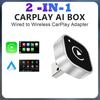 Adaptor 2 în 1 cu fir la wireless CarPlay Android Auto pentru stereo auto OEM cu dongle USB, cutie mini inteligentă plug and play, Bluetooth