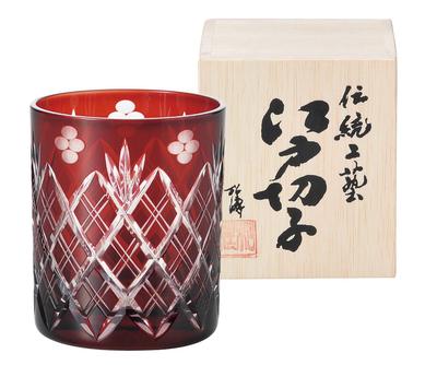 Edo Kiriko Glass Rocks Glass 250ml Red Small Flower Sword Yarai Crest Wooden Made In Japan 223527 (In Box)