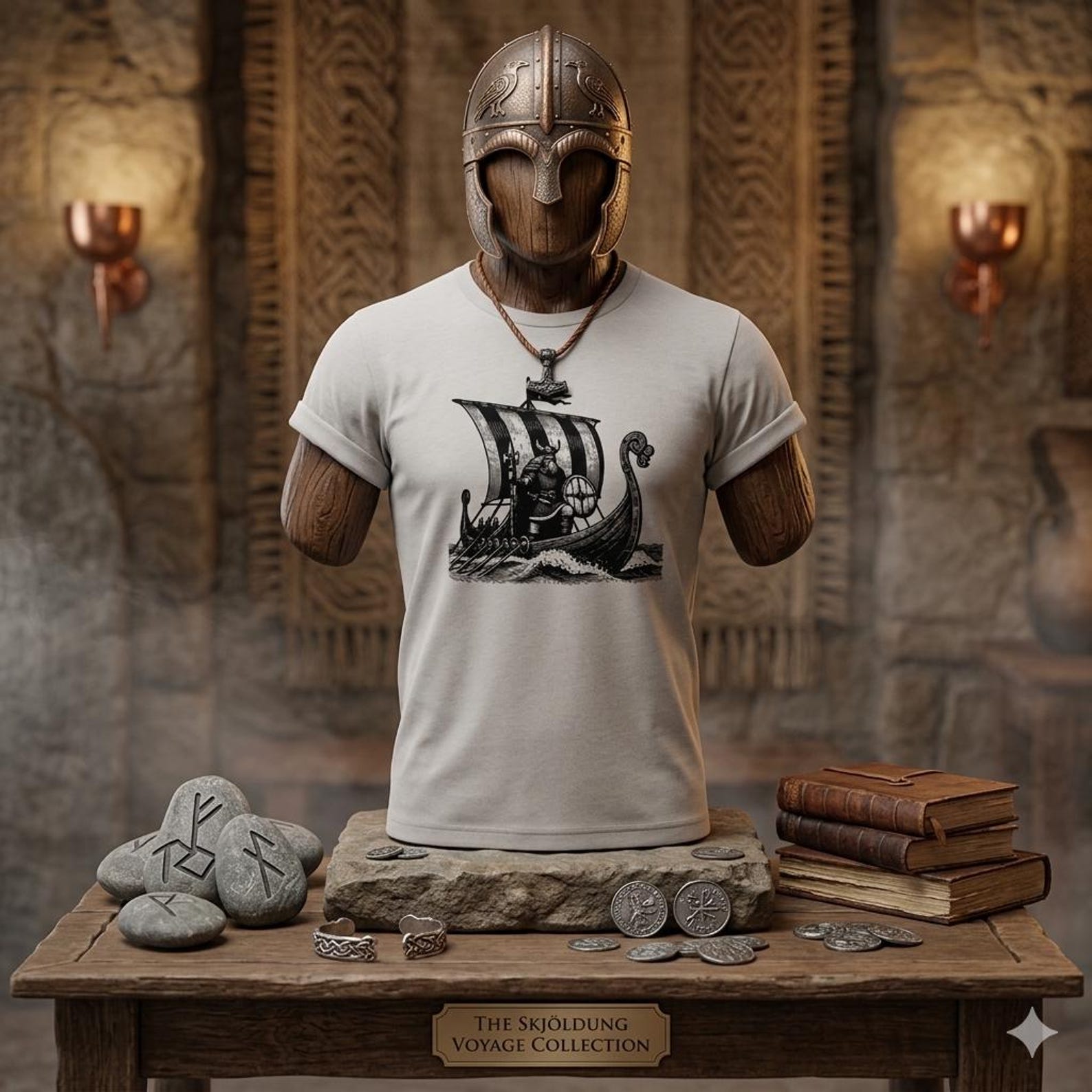 Viking Ship T-Shirt, Norse Warrior Sailing Printed T-Shirt, Cotton Tee XL