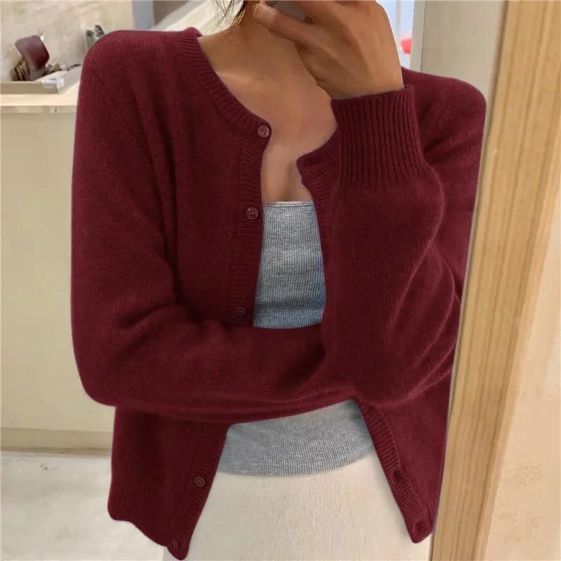 Cardigan lavorato a maglia tinta unita per donna, coreano, monopetto, a maniche lunghe, con scollo rotondo, coordinato, cardigan da donna