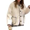 Women's Korean Style Color Block Lambswool Cardigan: Loose Fit, Contrast Stitching, Button-Up, Pocketed, Long Sleeve, Round Neck Winter Coat