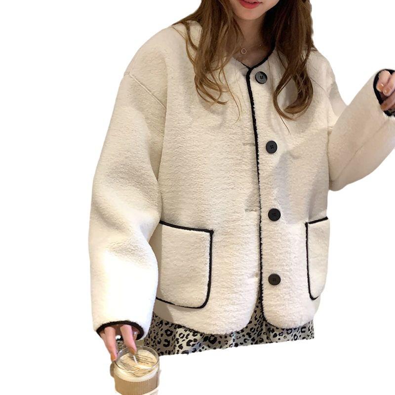 Women's Korean Style Color Block Lambswool Cardigan: Loose Fit, Contrast Stitching, Button-Up, Pocketed, Long Sleeve, Round Neck Winter Coat