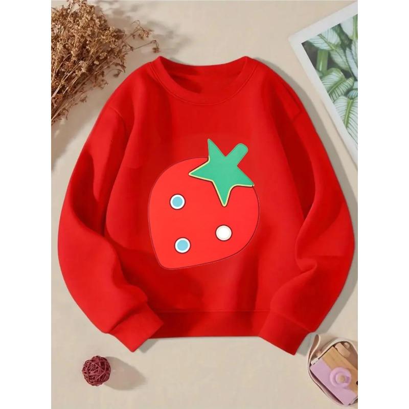 Girls' Crewneck Sweatshirt - Strawberry Shape with Blue Dots And Machine Washable, Spring And Autumn