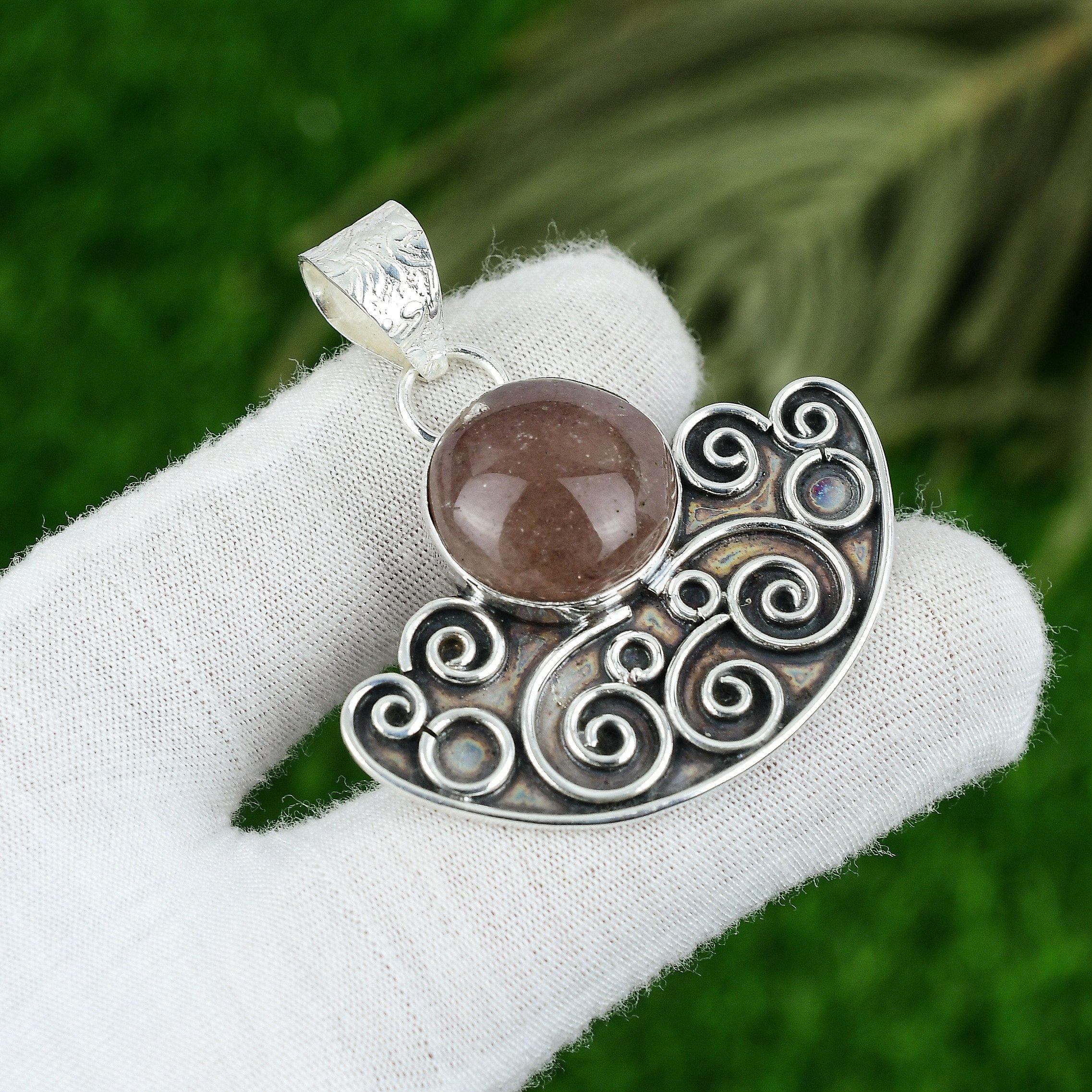 

925 Silver Strawberry Quartz Gemstone Daughter Engagement Bezel Pendant Jewelry