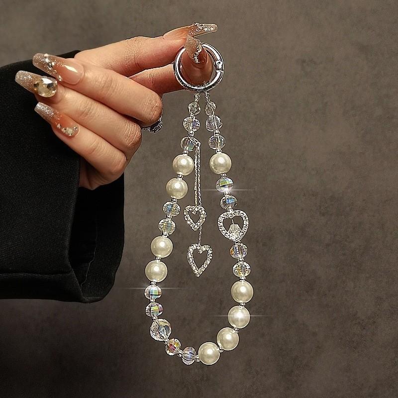 Fashion Luxury Pearl Crystal Phone Chain With Heart Pendant For Women And Men