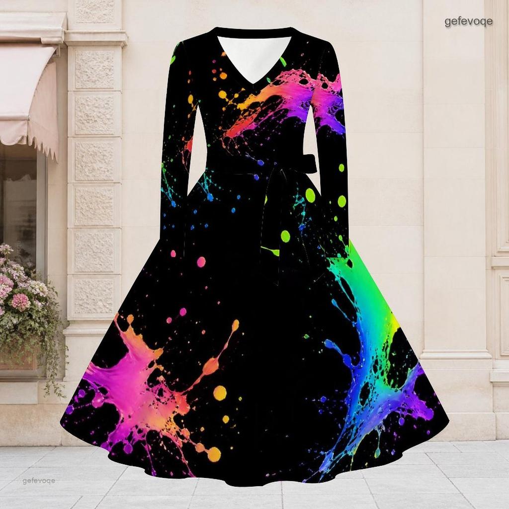 Women s Plus Size V Neck Long Sleeve Printed Black Gold Gray A Line Dress With Waist Belt