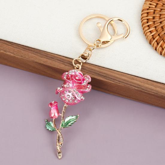 Keychain Pendant Rose Flower Shape Key Holder with Multicolor Rhinestones Anti-Oxidation Lobster Clasp Keyring Backpacks Car Accessory