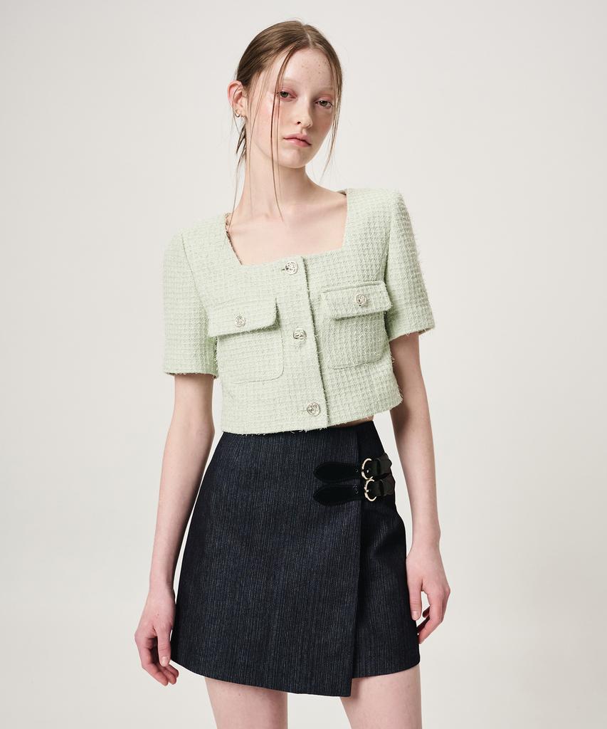 ETMON Buckle Wrap Mini Skirt, Black Indigo