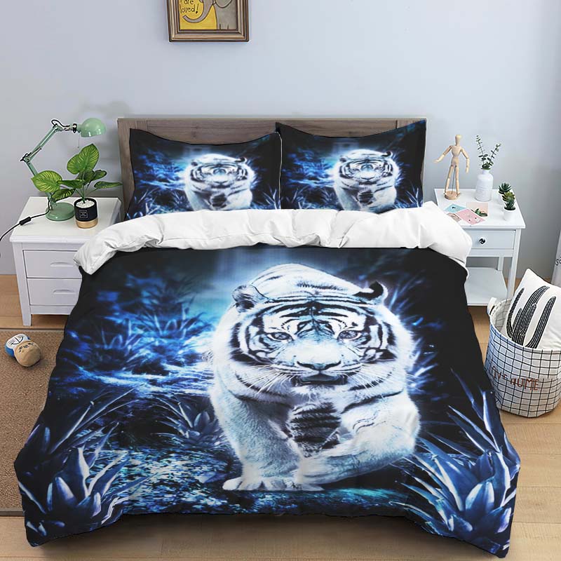 Blue Light Jungle White Tiger Animal Print Bedding Set (3-Piece) - Domineering White Tiger Pattern Duvet Cover and Pillowcase Se