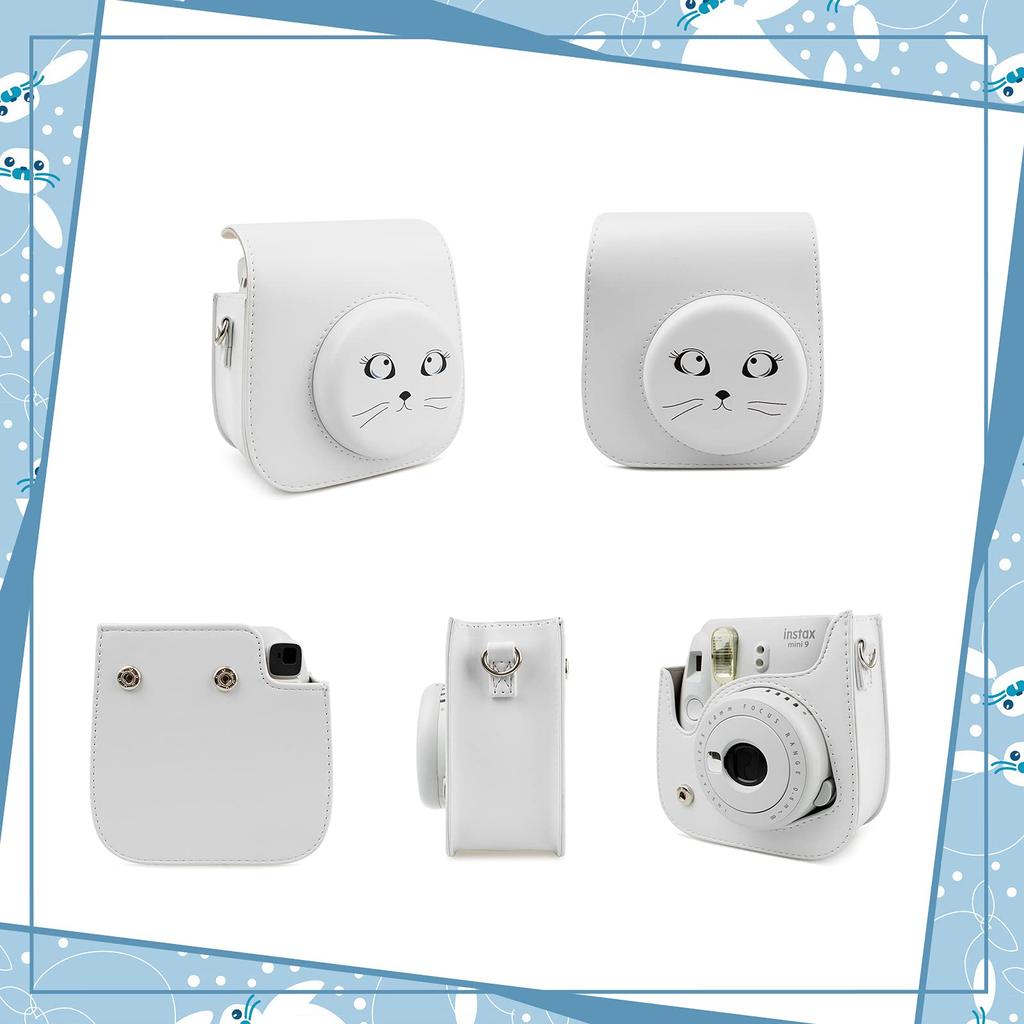 HIYQIN Instax FUJIFILM Instax Applicable Cute Camera Bag with Shoulder PU Cat Face with Big Eyes Case, Mini12/11/9/8+/8 Case, Strap, Leather, (gray)