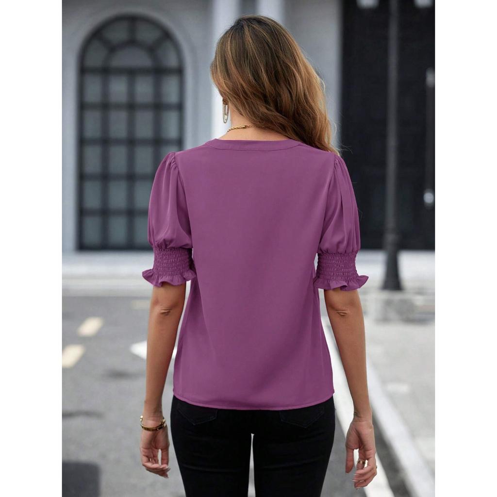 Summer new V-neck temperament bubble sleeves solid color casual women's T-shirt top
