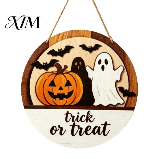 Trick or Treat Hanger Halloween Layered Round Door Hanger, 3D Pumpkin Ghost Owl Wood Welcome Sign, Decorative Festive Ornament Farmhouse Front