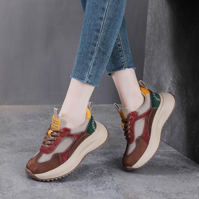 Genuine Leather Women Shoes 4cm Air Mesh Soft Soled Loafer Ethnic Moccasins Rubber Native Flats Shoes Women Flat Walking Shoes