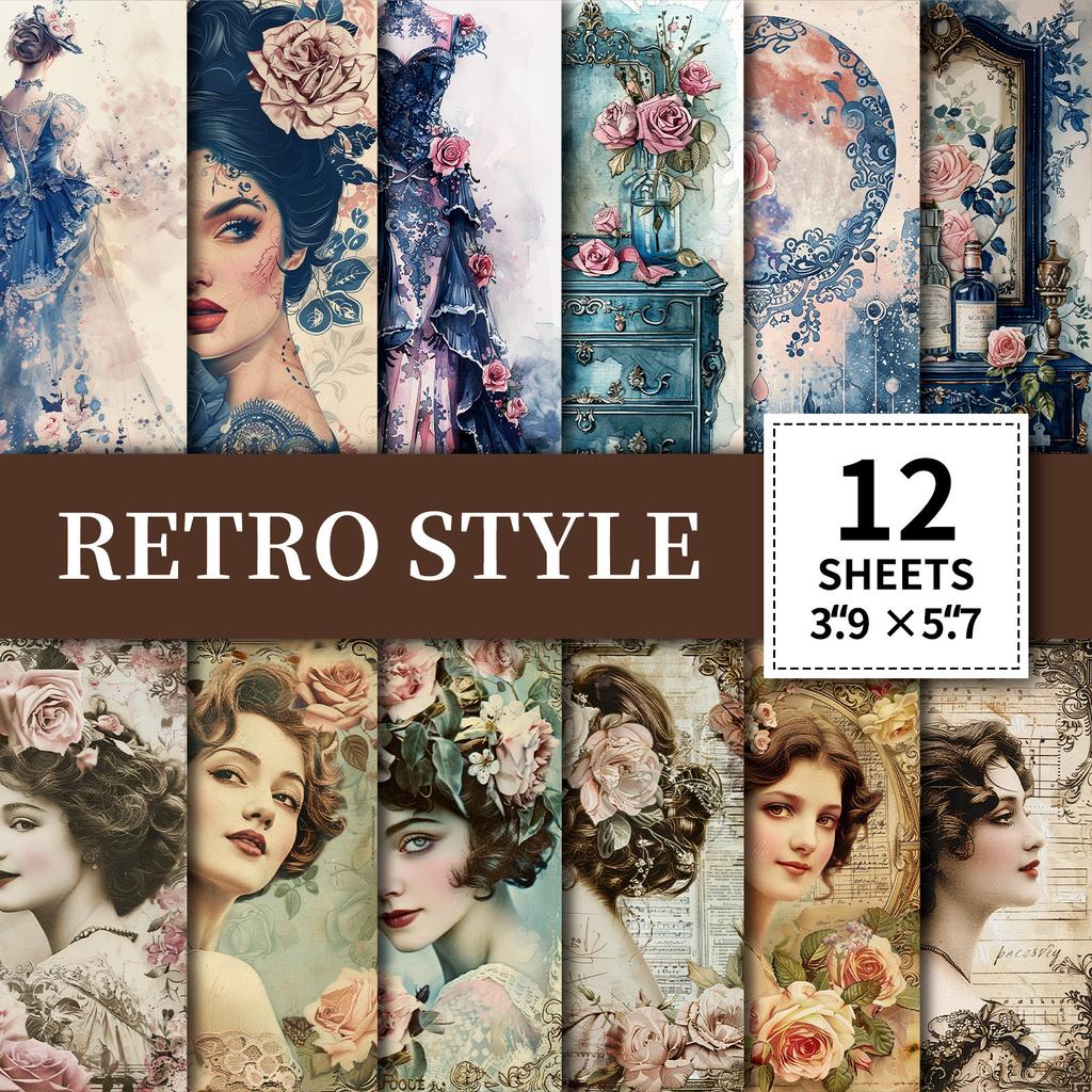 12 Retro Classical European Dresser Flowers With Beautiful Woman Elegant Lady Material Paper Background Decoration Backing Paper