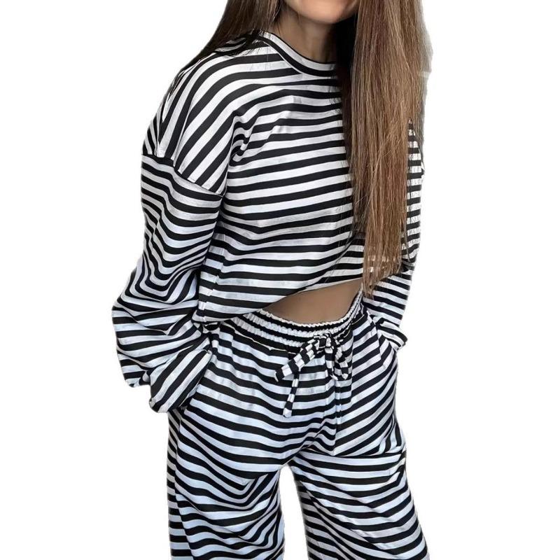 Dámský jednobarevný jednoduchý pruhovaný pyžamový komplet, kalhoty s nastavitelnou šňůrkou a top s kulatým límcem v kontrastní barvě