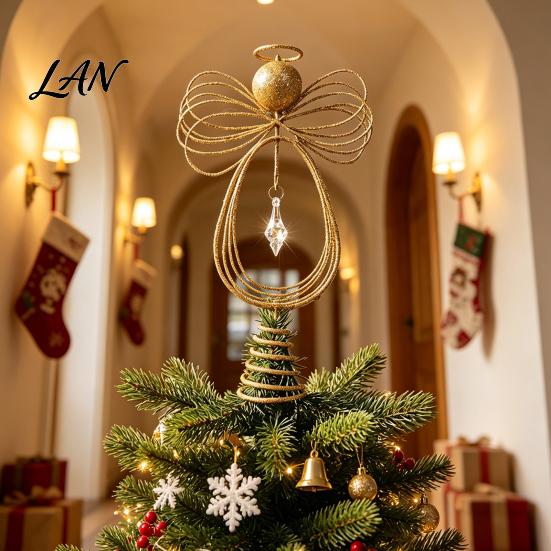 Decorative Holiday Home Accents Angel Christmas Tree Topper, Gold Glitter Metal Wire Crown Spring Base Topper Ornament for Decor And Seasonal