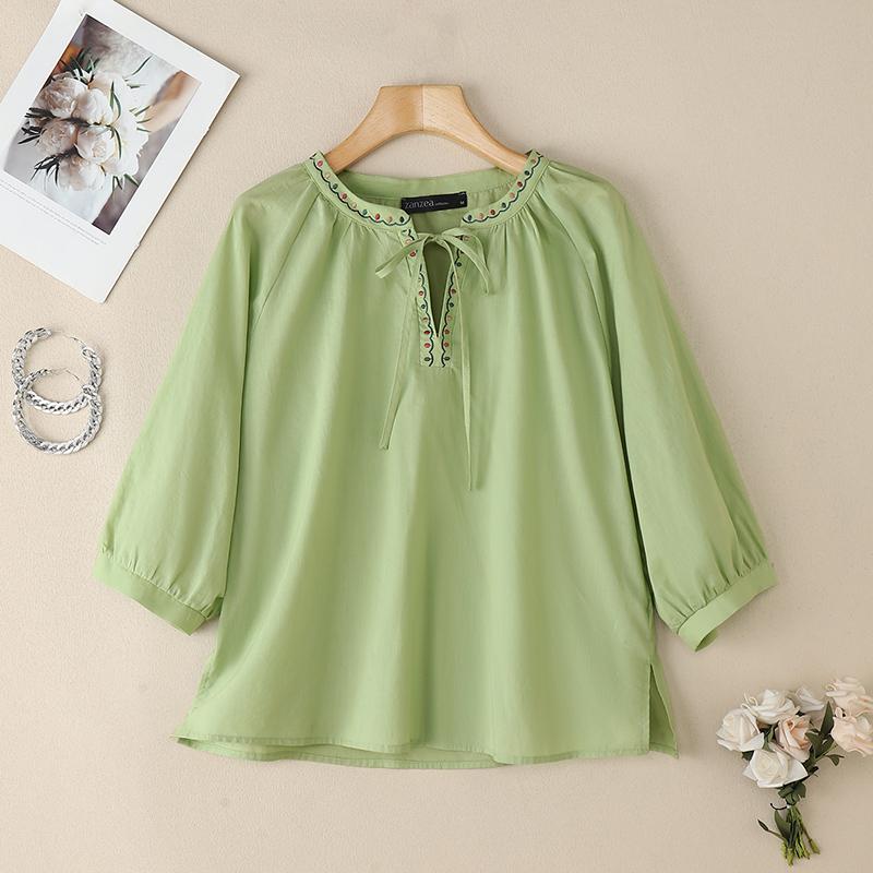 

ZANZEA Women Casual Floral Embroidery V-Neck Loose 3/4 Sleeve Blouse 5XL зелений