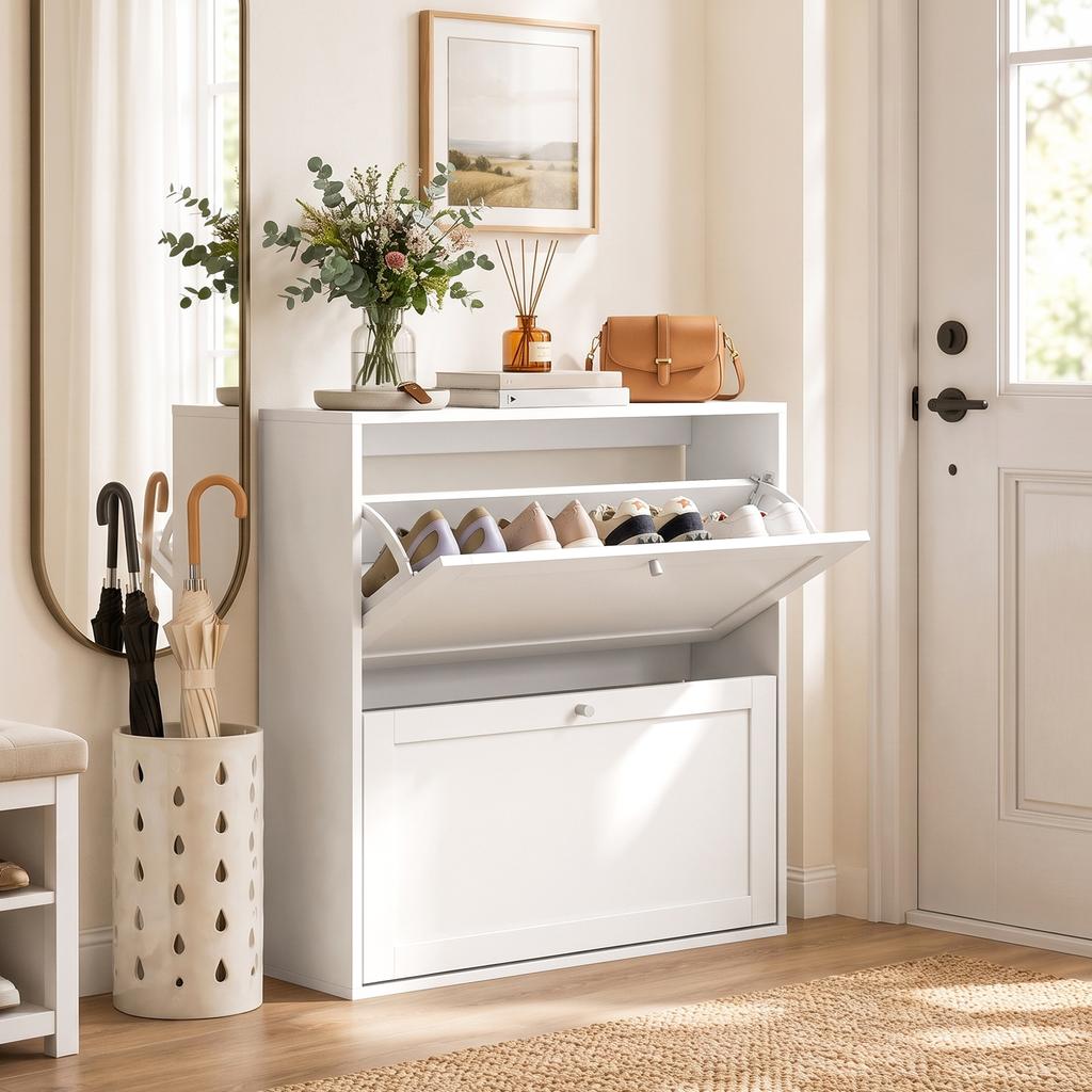Shoe Cabinet With 2 Flip Compartments Adjustable Shelves For Up To 8 Pairs Of Shoes White