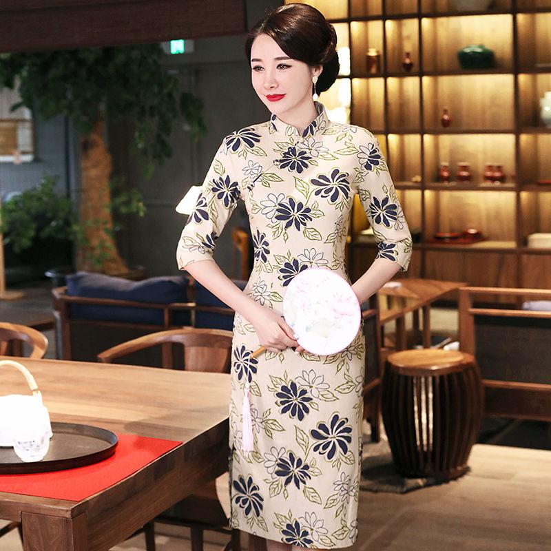 Summer Short-sleeved Cheongsam Chinese Style Dress Medium-length Large-size Dress