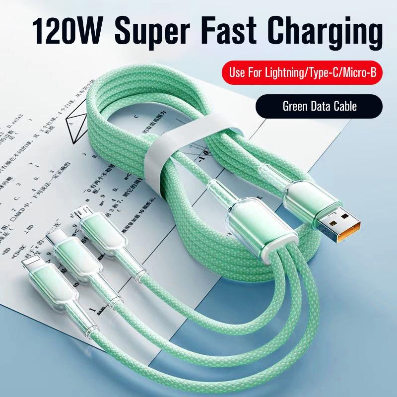 Ice Crystal 120W Tri-Head Fast Charging Cable for Apple, Android, Huawei