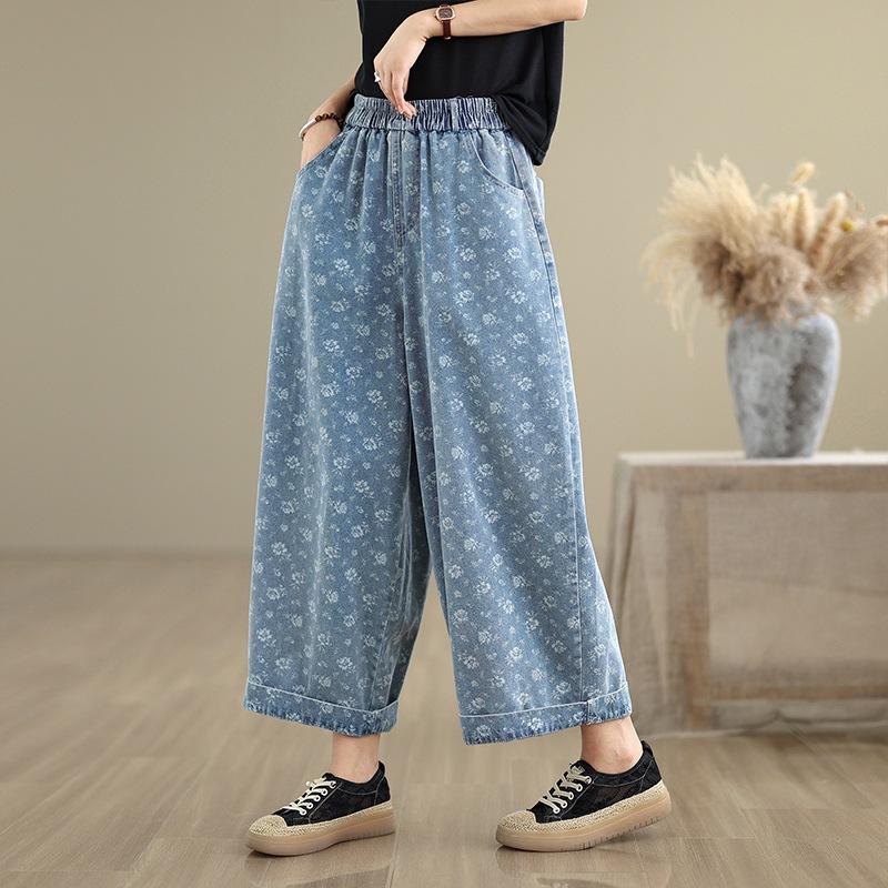 

2025 лето новый ретро новый китайский персонализированный принт джинсовые широкие брюки женские свободные большого размера девять точек повседневные брюки XL
