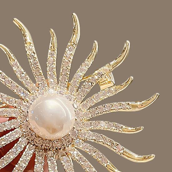 Damenbrosche Hochglanz Strassstein Perlmutt-Einlage Funkelndes Sonnenblumen-Design Reversnadel Glatte Polierte Kante Schalabzeichen Kleidung Taschen Accessoires