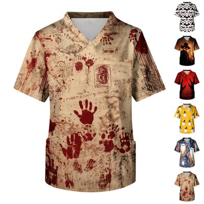 Men's V Neck Short Sleeve Halloween Print Pocket Scrub Top Lightweight Breathable Medical Uniform Shirt for Healthcare Professionals