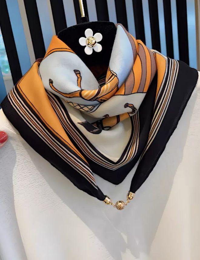 Magnetic - Printed Silk Scarf/ Neck Warmer, Fashionable And Versatile Silk Scarf