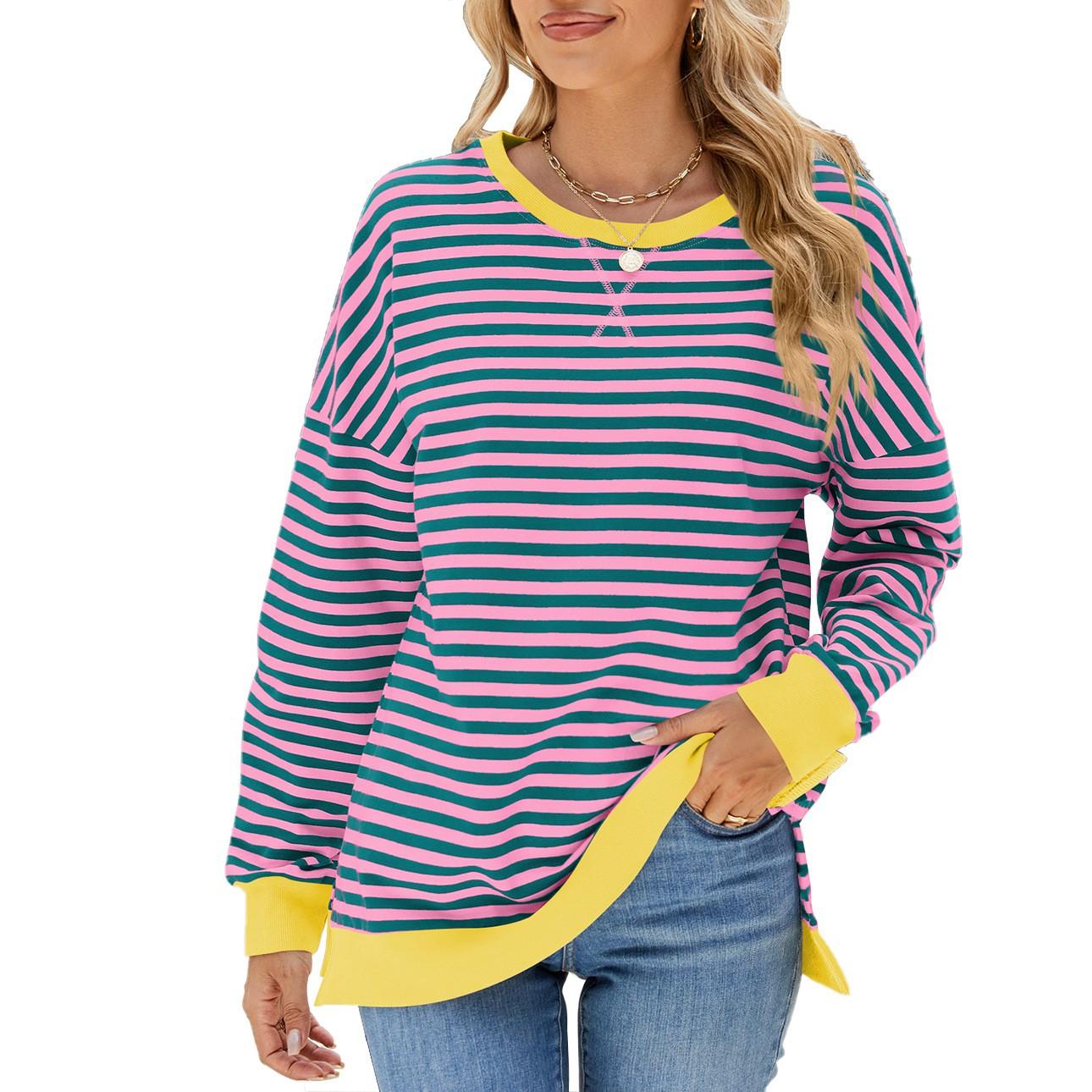 

Женская спортивная рубашка в полоску большого размера с длинными рукавами и круглым вырезом, повседневная свободная рубашка-пуловер, топ XL жёлтый
