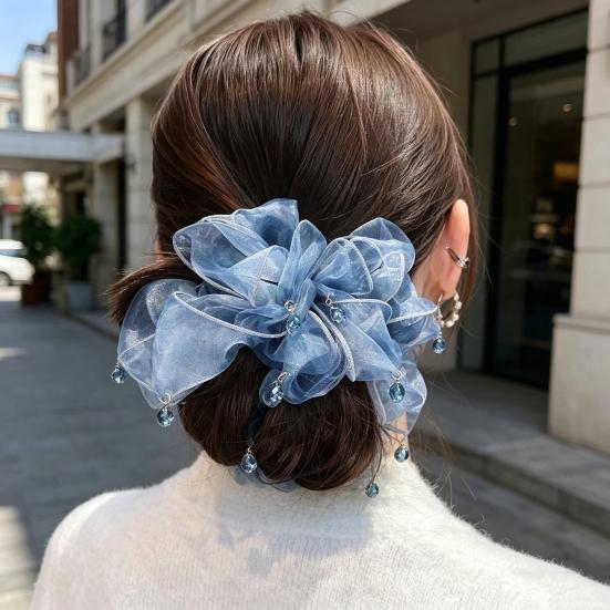 Hair Tie Beads Decor Double Layer Mesh Women Hair Rope Bun Half-Tied Hairstyles Ponytail Holder Hair Accessory