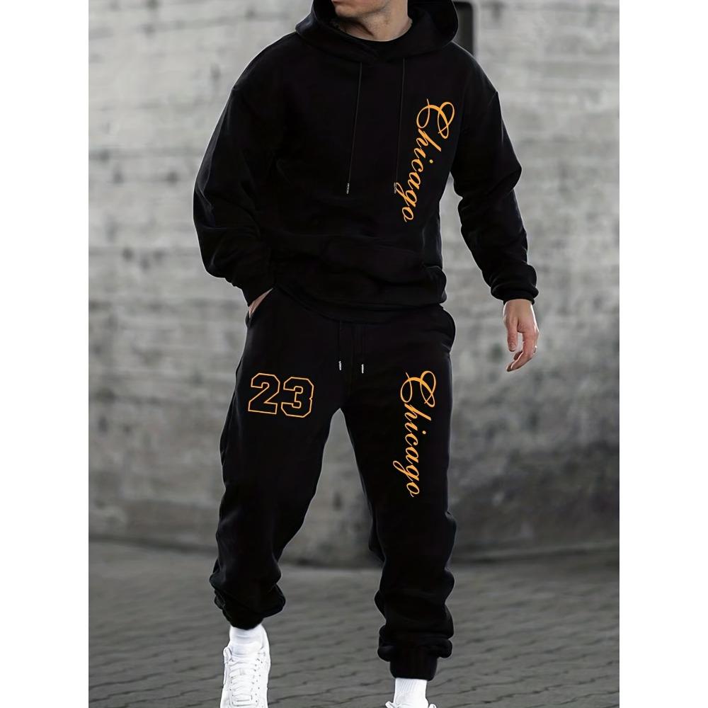 Men's Casual 2 Piece Set with Printed Alphanumeric Pattern Drawstring Pocket Hoodie and Drawstring Outdoor Casual Sports Pants Set
