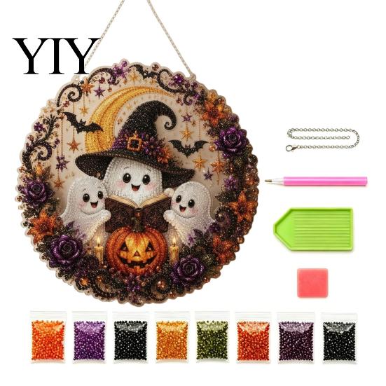 Sparkling Rhinestone Craft Projects Halloween Ghost/Owl Diamond Art Hanging Ornament Kit, Decorative Porch Ornaments Painting Suncatcher, DIY Pendant