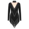 Womens Latin Dance Dress Mock Neck Long Sleeve Irregular Hem Shiny Rhinestones Tassel Performance Costume