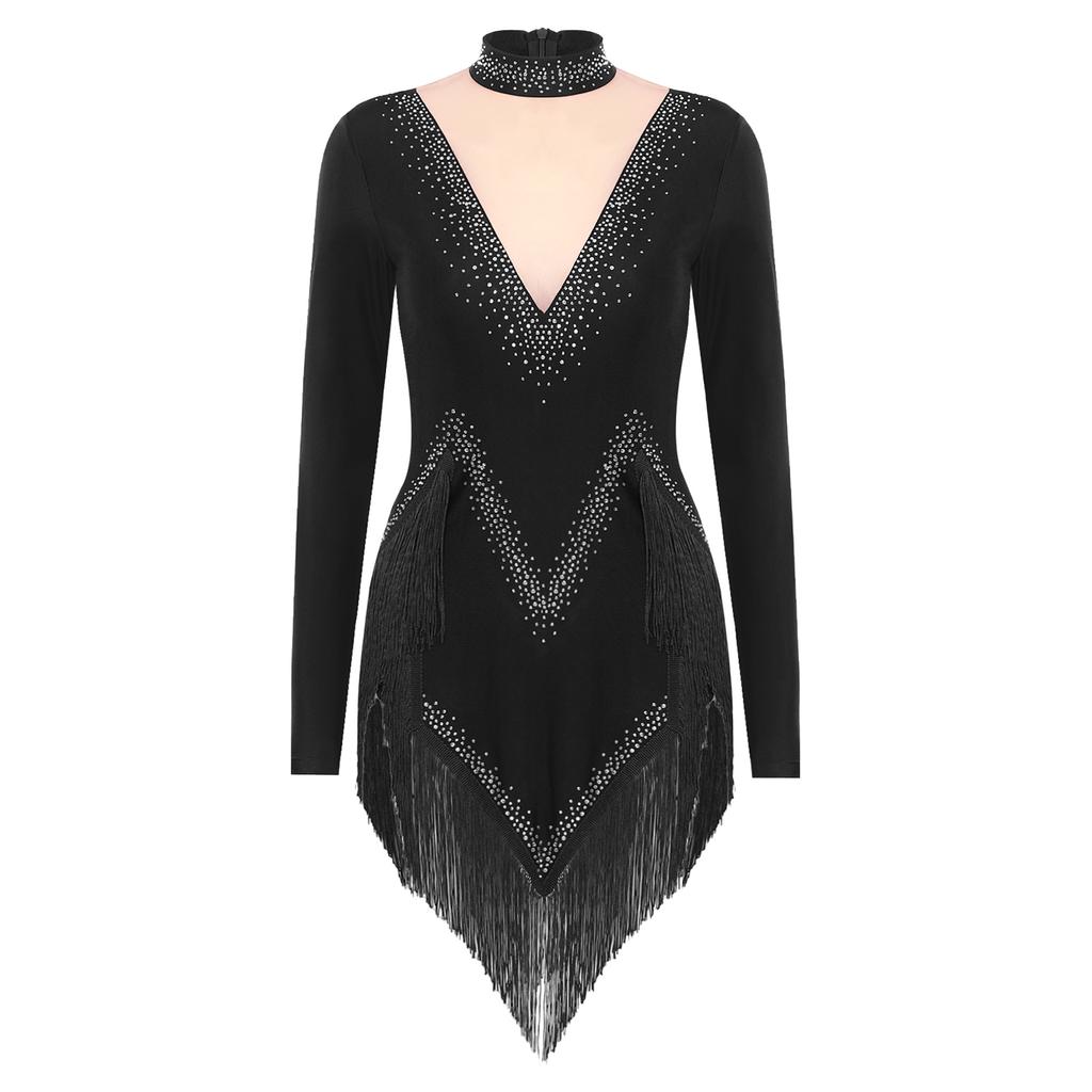 Womens Latin Dance Dress Mock Neck Long Sleeve Irregular Hem Shiny Rhinestones Tassel Performance Costume