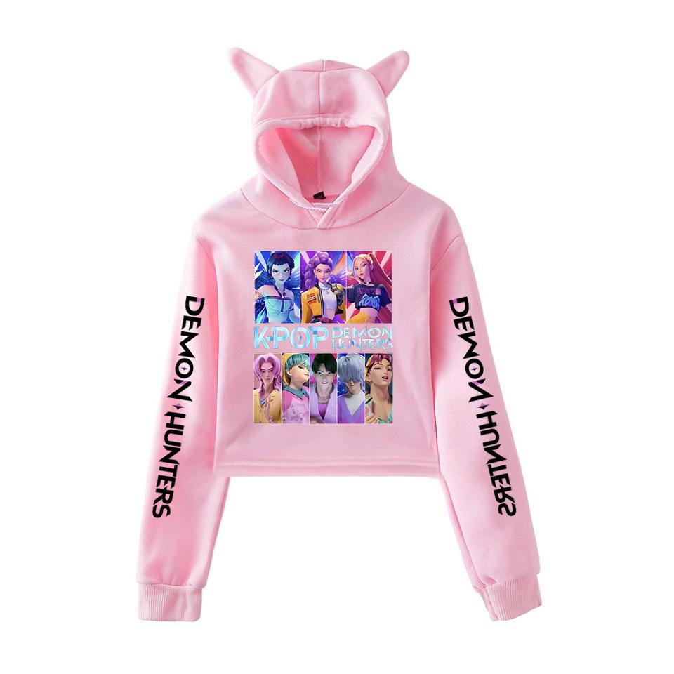 Anime K-Pop Dämonenjäger Saja Boys Crop Tops Katzenohren Sweatshirt Langarm Mädchen Mode Kapuzenpullover