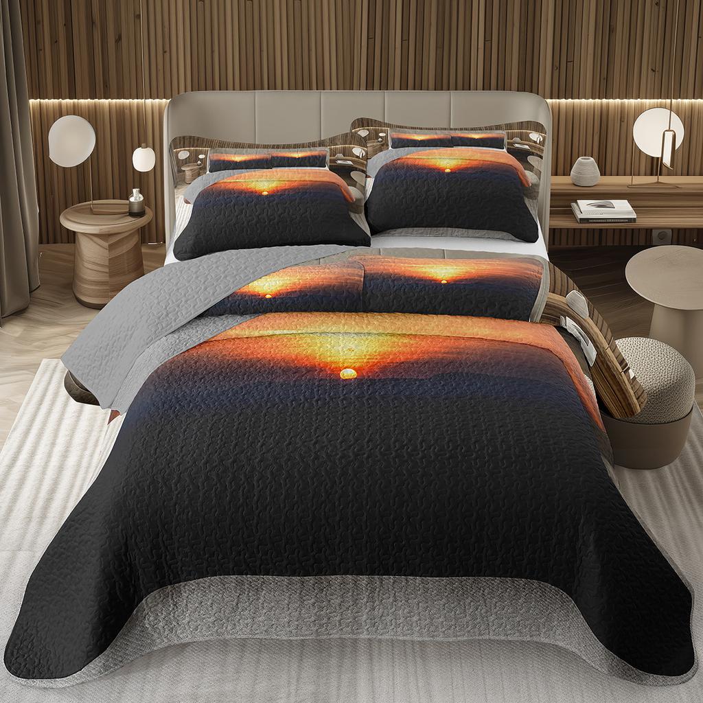 Sunset Scenery Bedspread Queen/Full Natural Landscape Quilted Coverlet 2/3Pcs Reversible Grey Bedding Set for Boy Girl Room Dorm