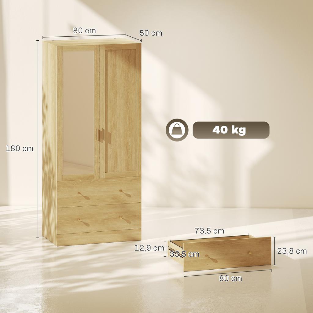 Bedroom Wardrobe with Mirror, 2 Doors, 2 Drawers, Hanging Rail, 80 x 50 x 180 cm, Oak