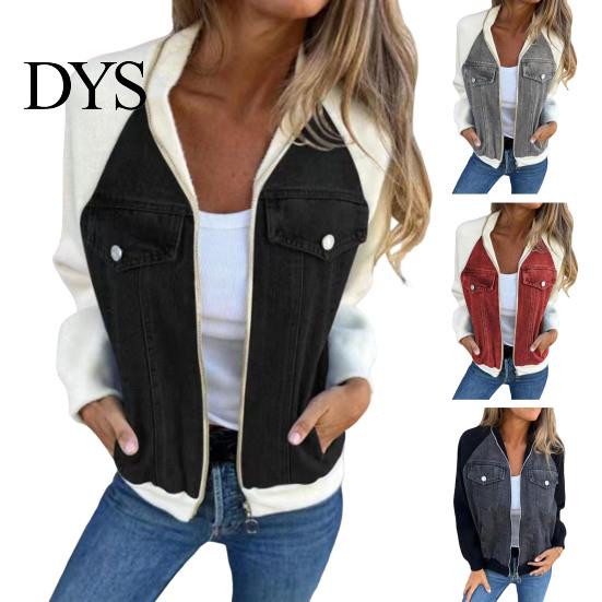 Women Outerwear Fall Winter Jacket Color Matching Zip-up Pockets Cardigan Long Sleeves Chest Flap Pocket Patchwork Raglan Shoulder Turn-down