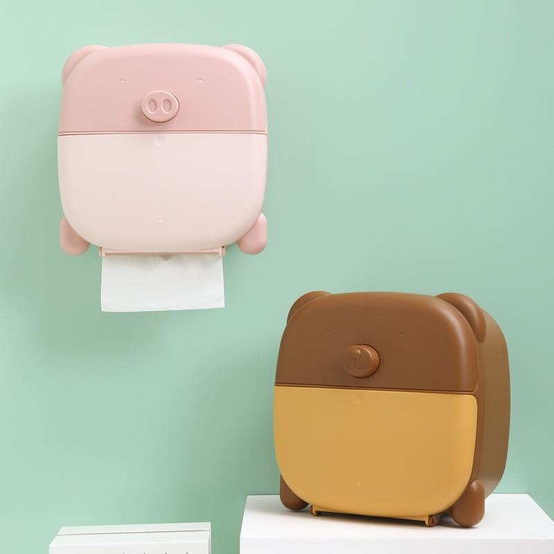 Pink Pig Bear Wall Mount Tissue Organizer With Nodrill Installation For Home Use And Gifting