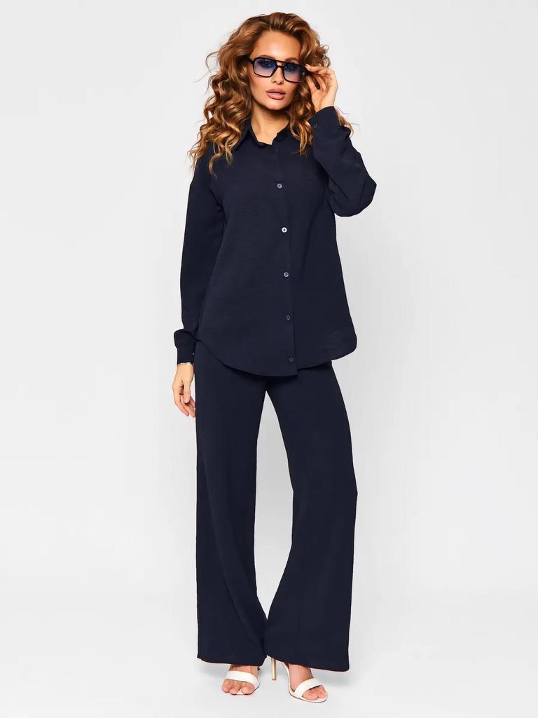 French Casual Two-Piece Loungewear Set: Relaxed Shirt and Pants for Women