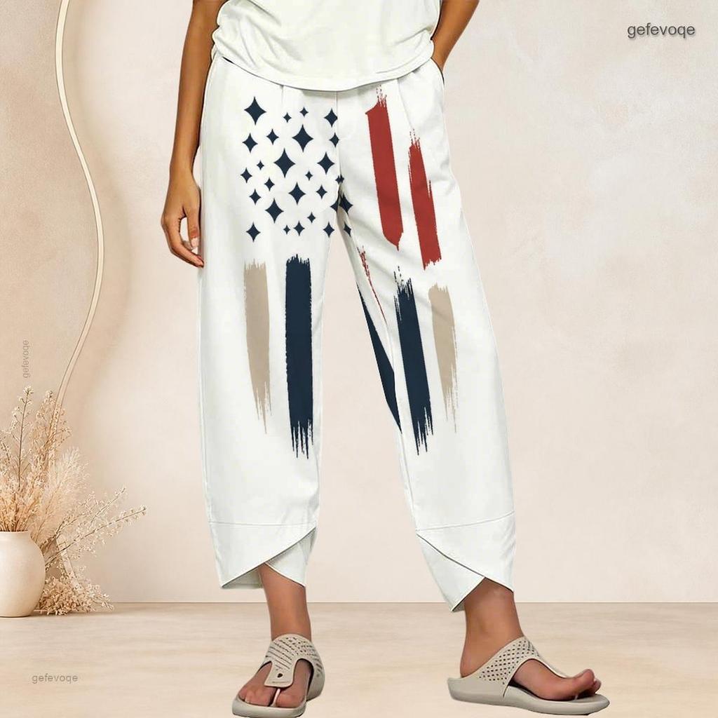 Women Plus Size Cross Hem Long Pants Retro Star Stripe Geometric Print Loose Casual Trousers