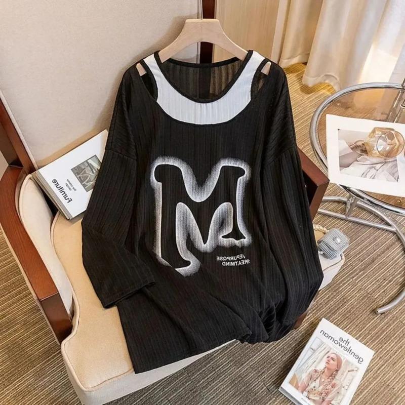 

Pullovers Tops Women Faux Two-Piece T-Shirt Long Sleeves Autumn Winter Blouse Oversized Loose Shirt Pullover Tops XXXL чорний