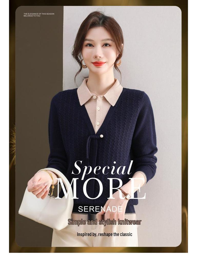 2025 Fashionable Mom's Knitted Two-Piece Look Lapel Sweater - Long-Sleeve Top for Middle-Aged Women, Perfect for Spring & Autumn