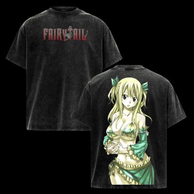 FAIRY TAIL Anime T-shirt Lucy Heartfilia Printed Tshirt Men‘s Clothing Vintage Washed Oversized T Shirt Pure Cotton Tees Tops
