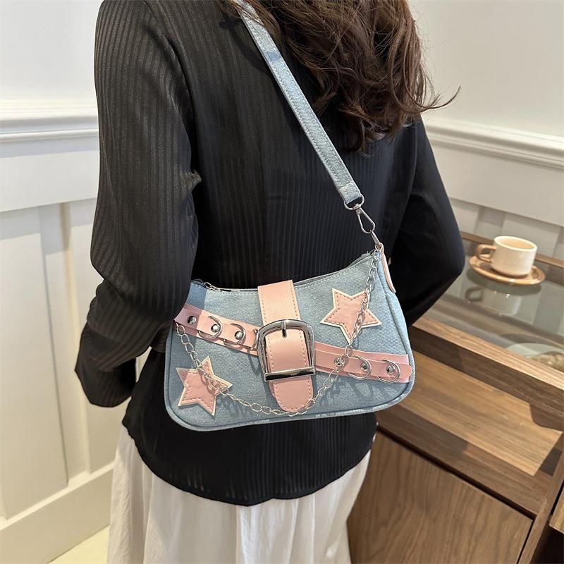 Fashi Women's Handbags Denim Stars Pattern Cool Girls Underarm Bag Female Small Shoulder Hobo Bags Chain Tote Bag