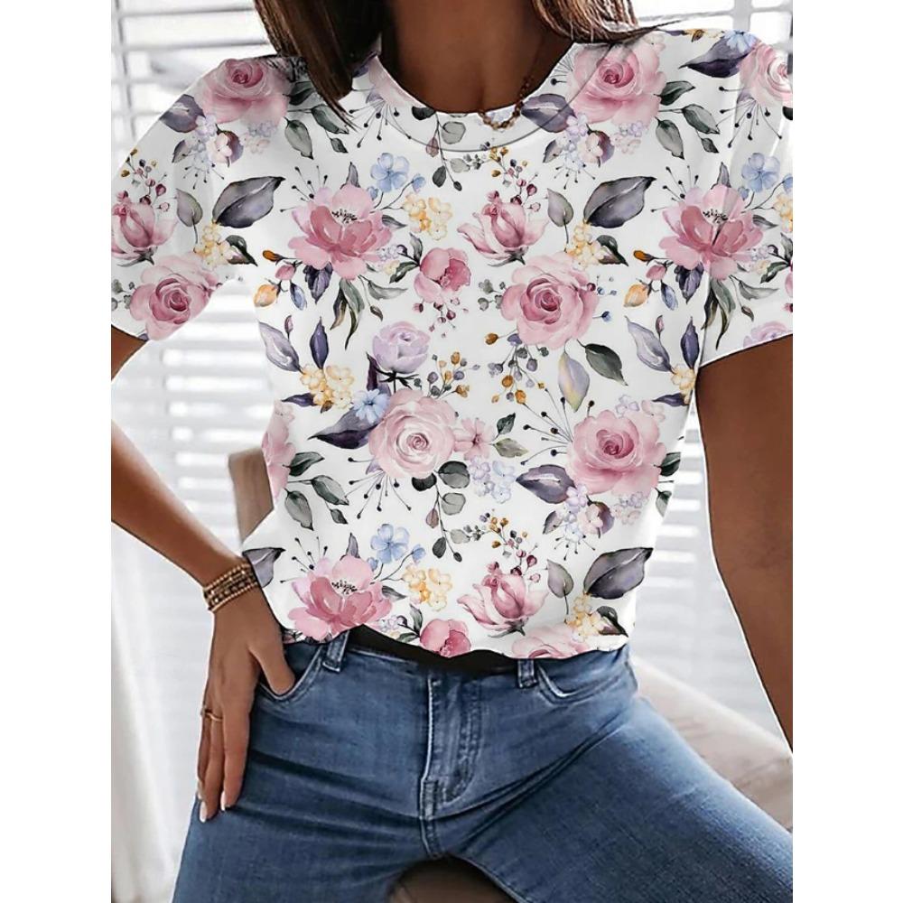 Fashion Women Flower Pattern Print T Shirt Funny Casual O-neck Short Sleeves T-shirt Summer Female Tee Shirt