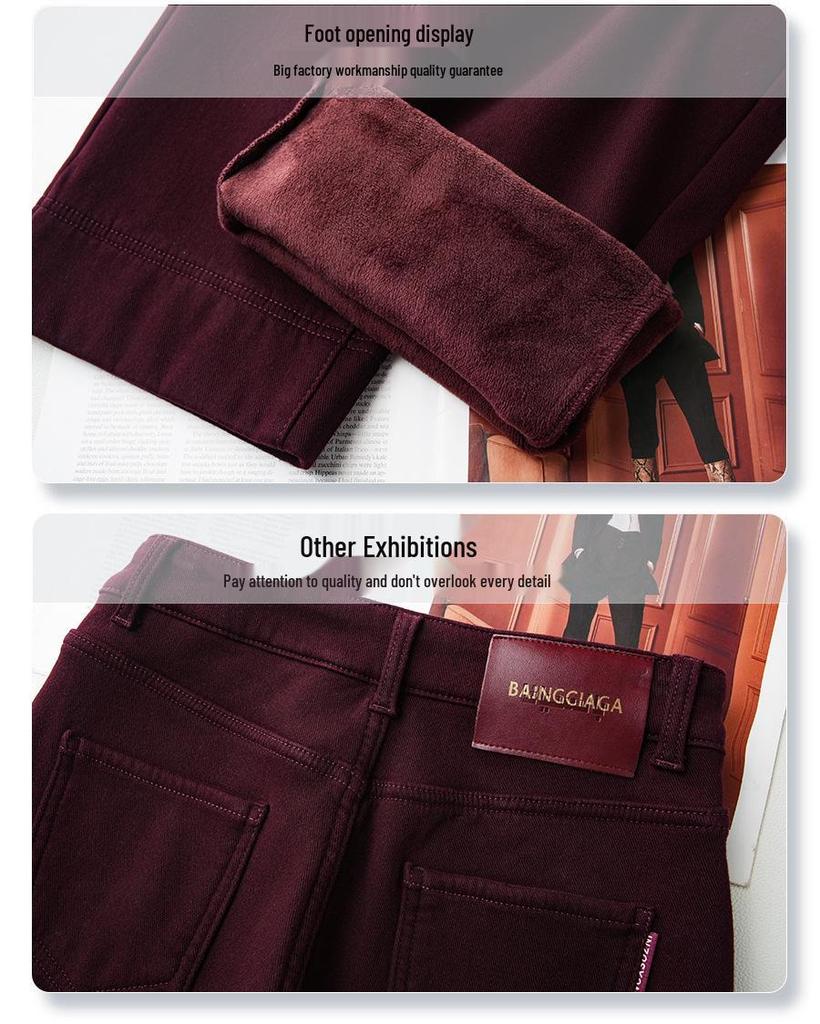 Ancola Women's Red Fleece-Lined Wide-Leg Jeans, Autumn/Winter 2024 Retro High-Waisted Slim Fit