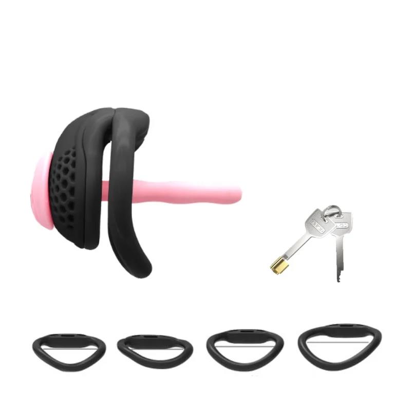 2025 New Male Chastity Cage Embedded Small Lock with Soft Silicone Catheter and 4 Size Cock Rings Adult Abstinence Sex Toys for Men Intimate Pleasure 