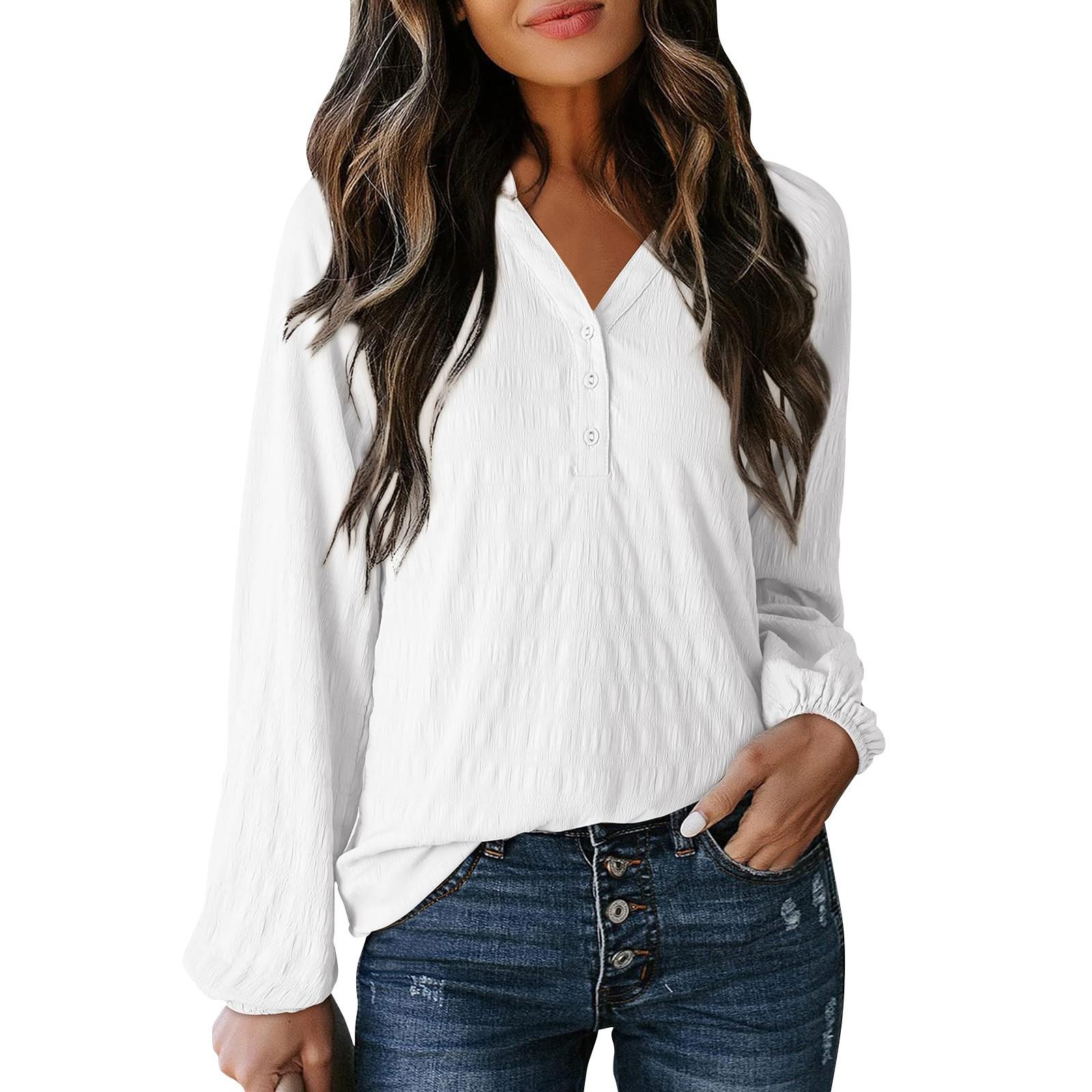 

Женская модная повседневная рубашка с текстурированным V-образным вырезом на пуговицах XL белый